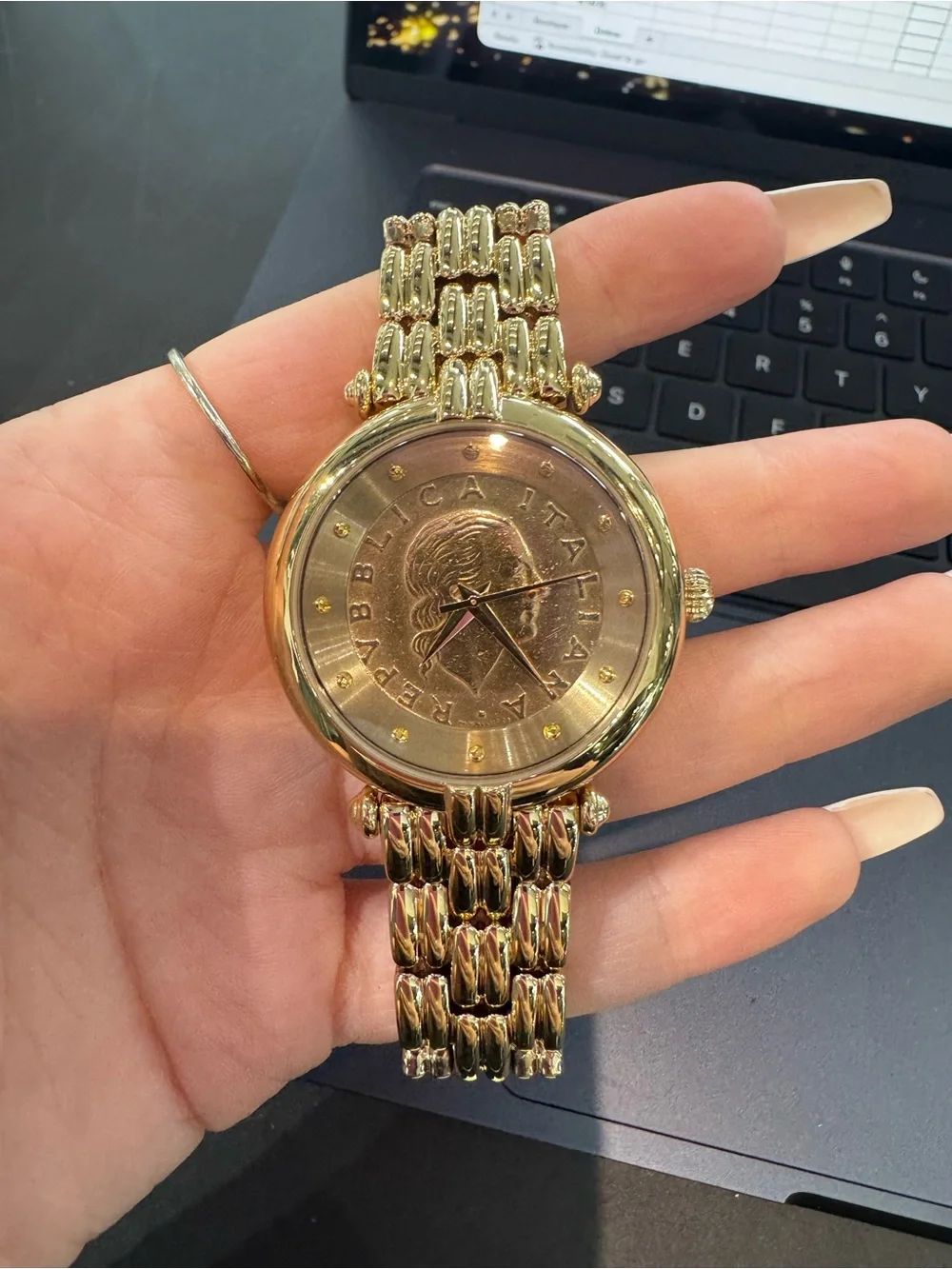 New Bellezza Gold-Tone Italian Lira Coin Analog Dial Dress Watch